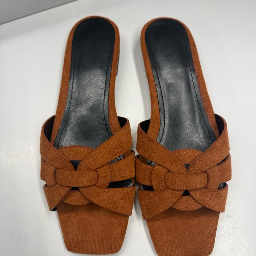 Women's Brown Suede Slide Sandals - Knotted Strap - Picture 7 of 9